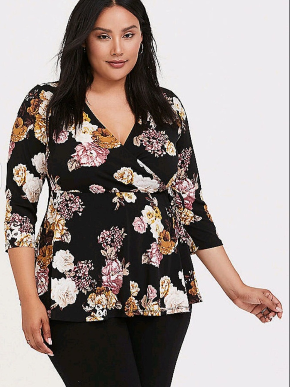 TORRID BLACK FLORAL WRAP PEPLUM TOP